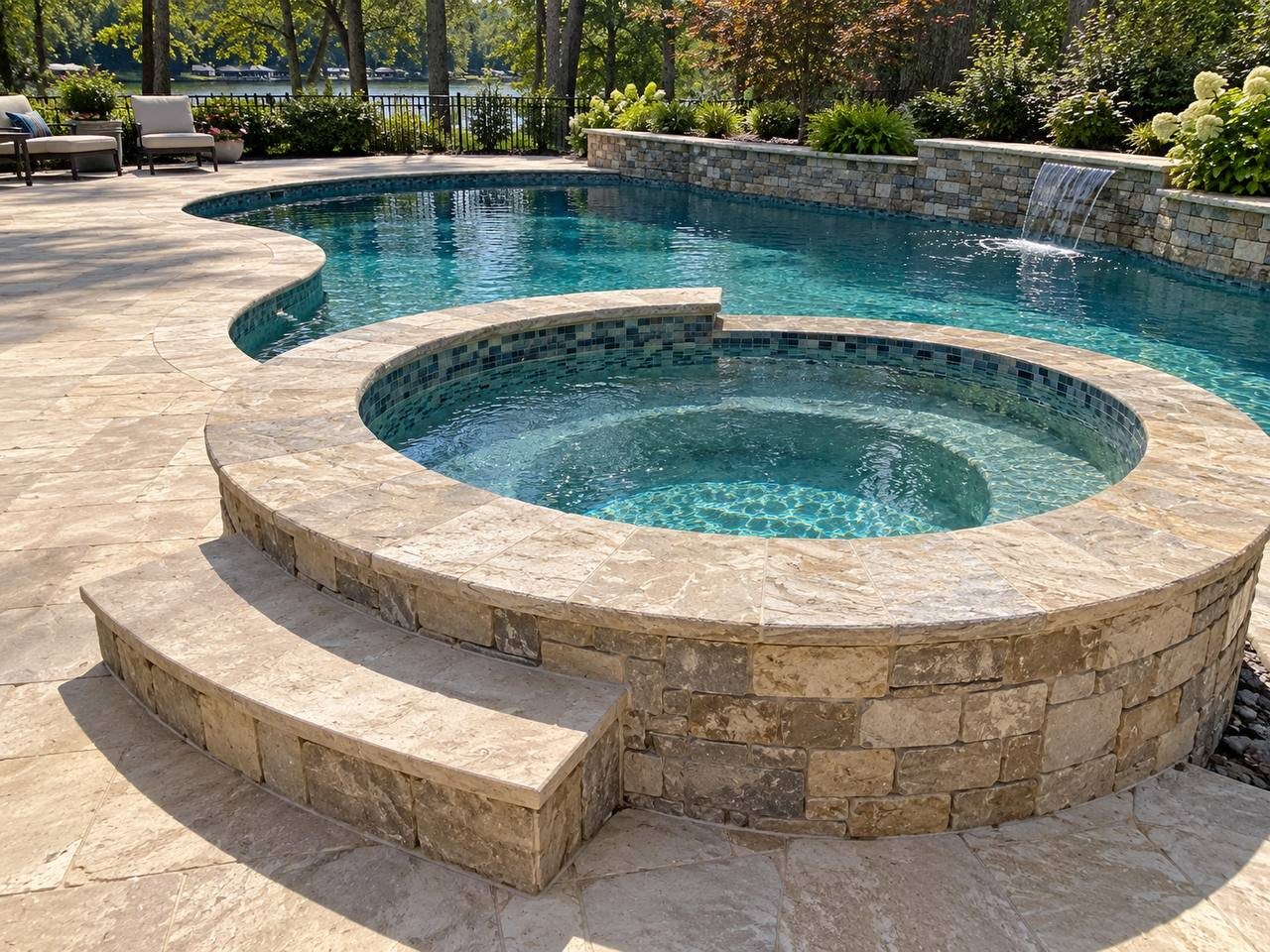 Pool and raised spa with a travertine deck and stone waterfall wall near Lake Lure, NC